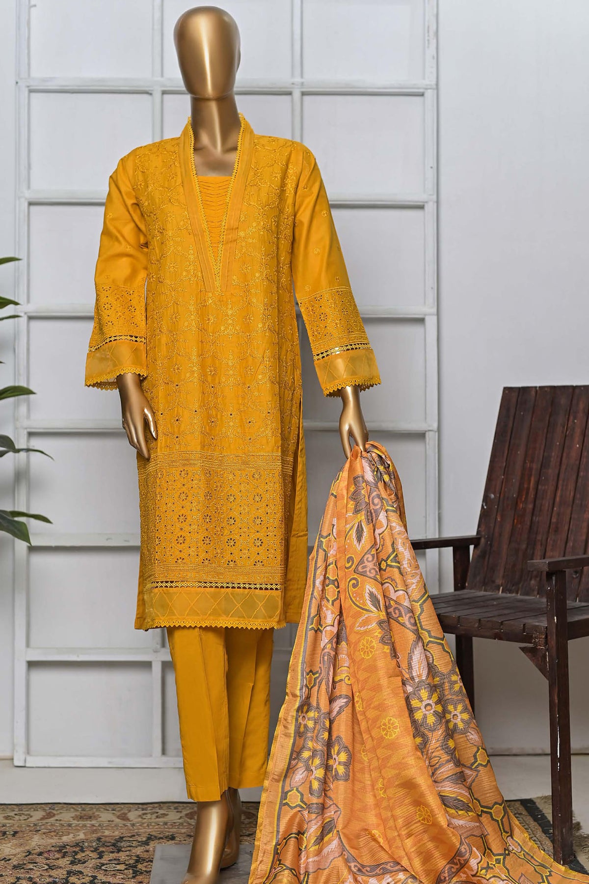 Bin Saeed Stitched 3 Piece Embroidered Chikankari Vol-06 Collection'2022-HTS-09-Yellow