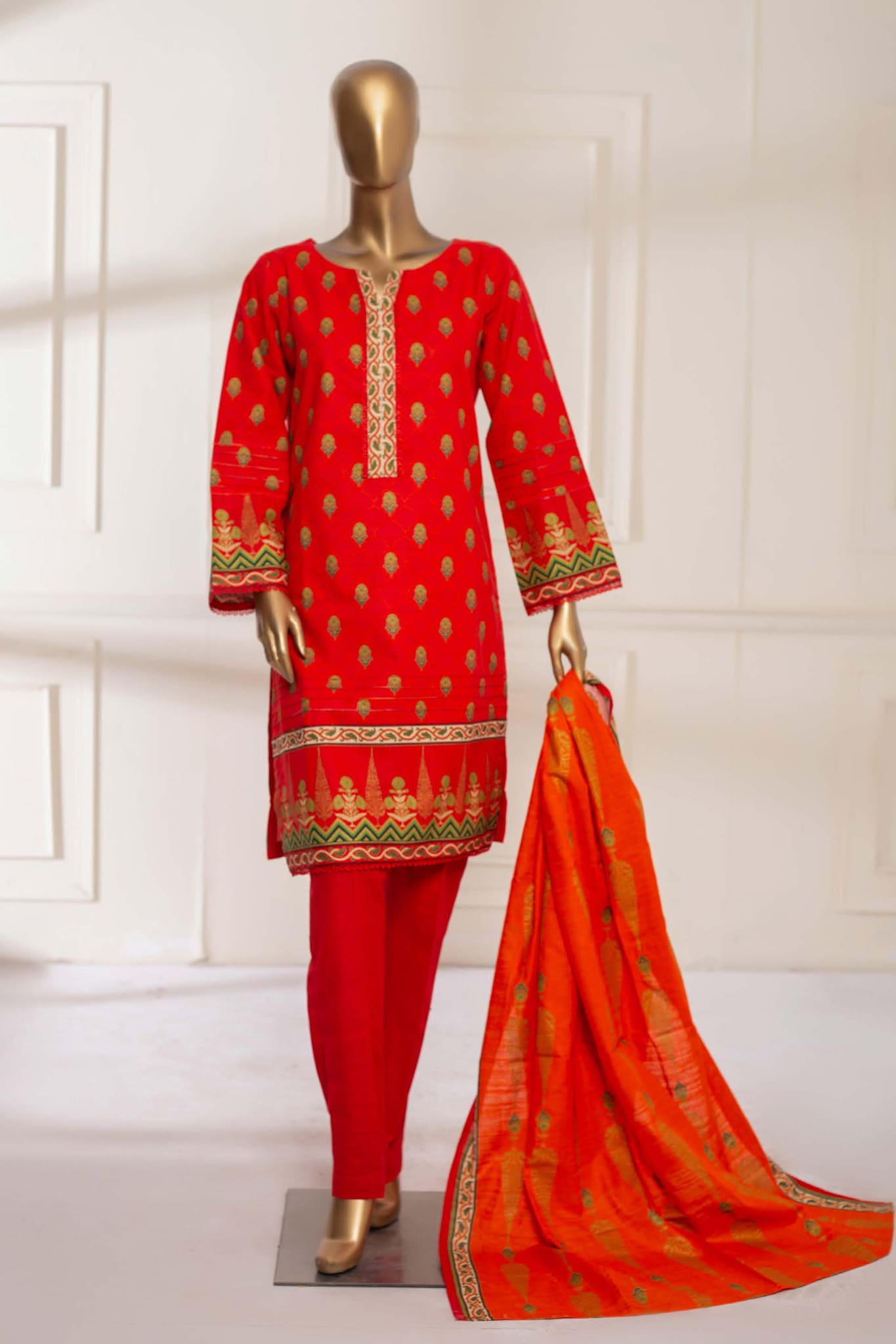 Bin Saeed Stitched 3 Piece Printed Khaddar Collection'2022-KF-086-Red