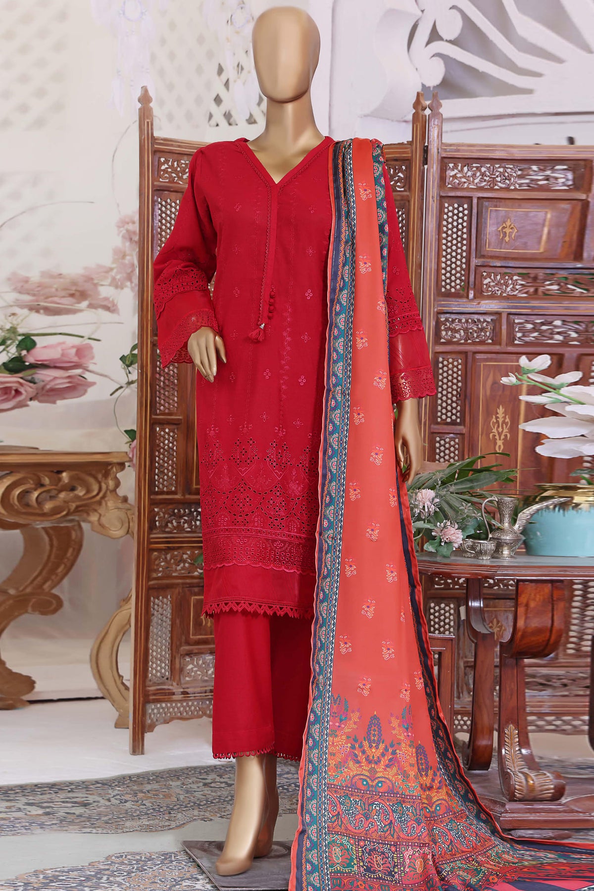 Sada Bahar Stitched 3 Piece Karandi Chikankari Shawl Collection'2022-KCK-05-Red