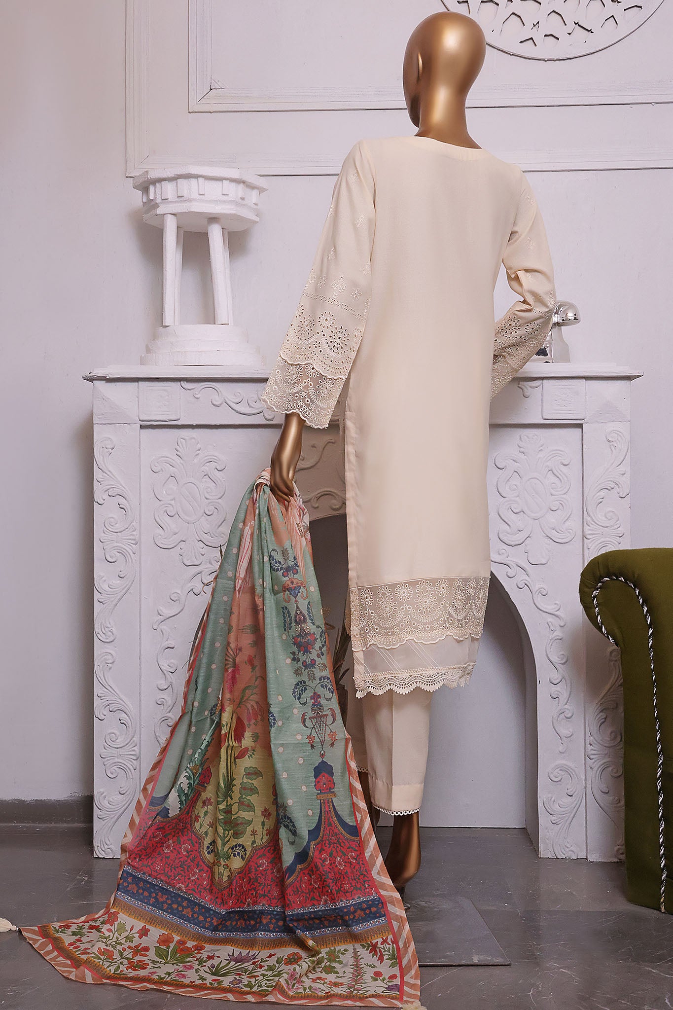 Sada Bahar Stitched 3 Piece Cotton Karandi Chikankari Collection'2023-KCK-18-Cream