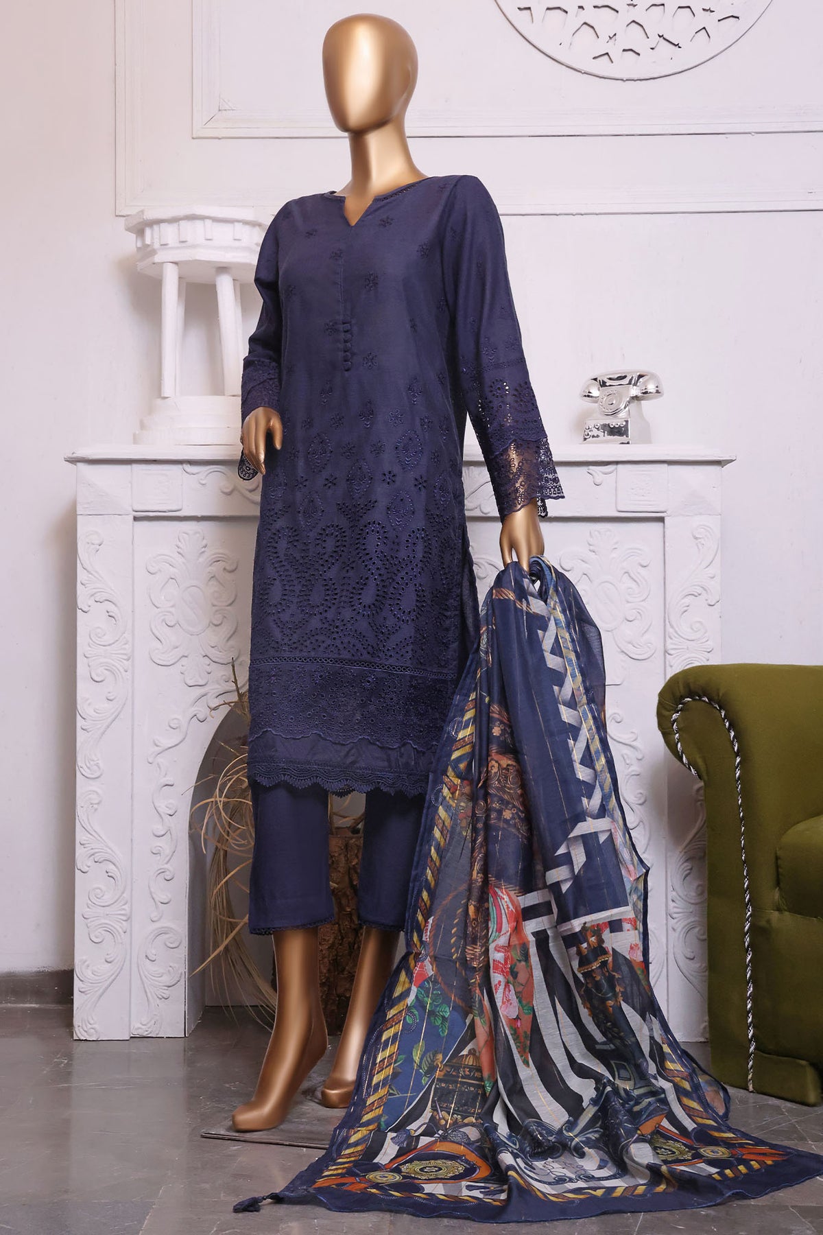 Sada Bahar Stitched 3 Piece Cotton Karandi Chikankari Collection'2023-KCK-19-Blue