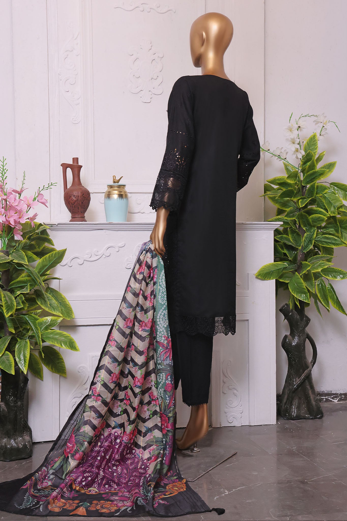 Sada Bahar Stitched 3 Piece Cotton Karandi Chikankari Collection'2023-KCK-17-Black