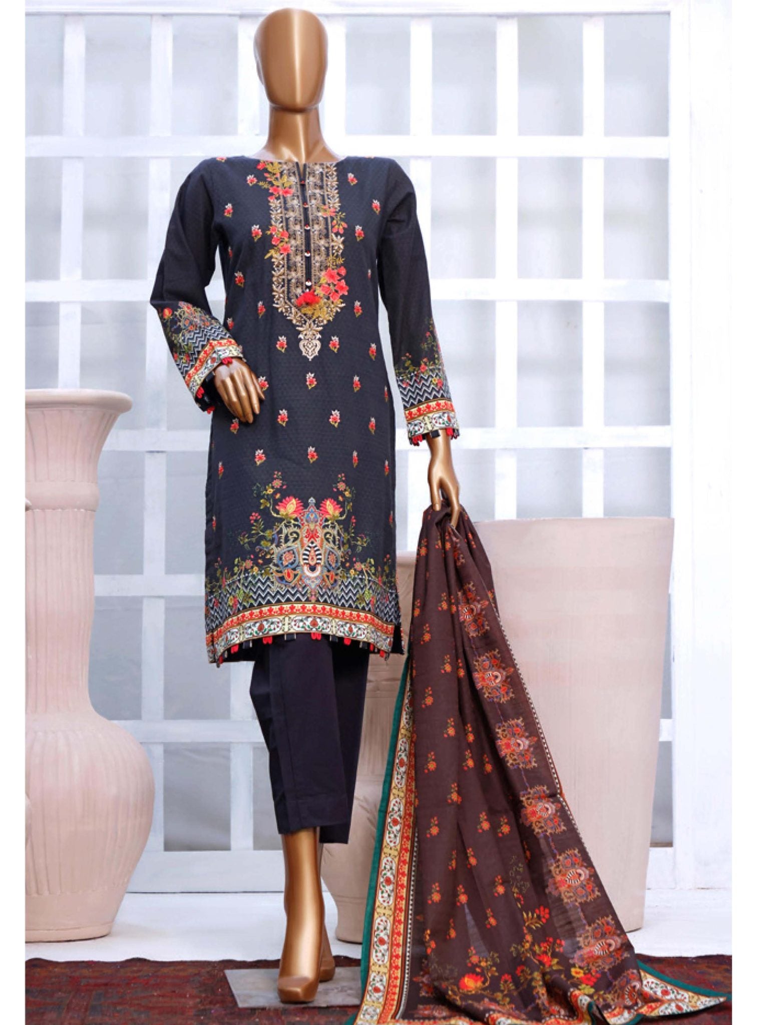 Sada Bahar Stitched 3 Piece Embroidered Khaddar Collection’2021-KD-10889-Brown