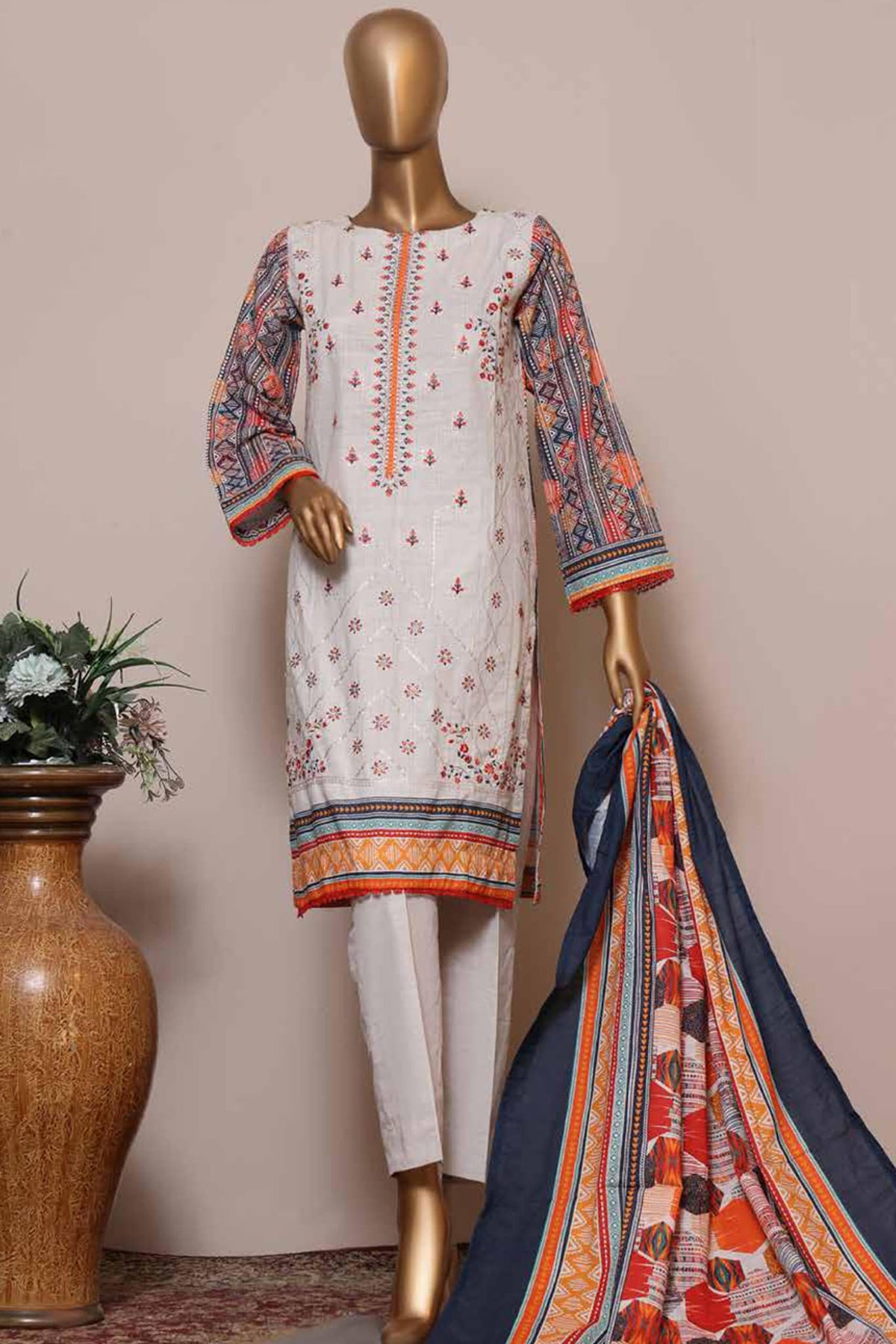 Bin Saeed Stitched 3 Piece Embroidered Khaddar Collection'2022-KF-13-Off White