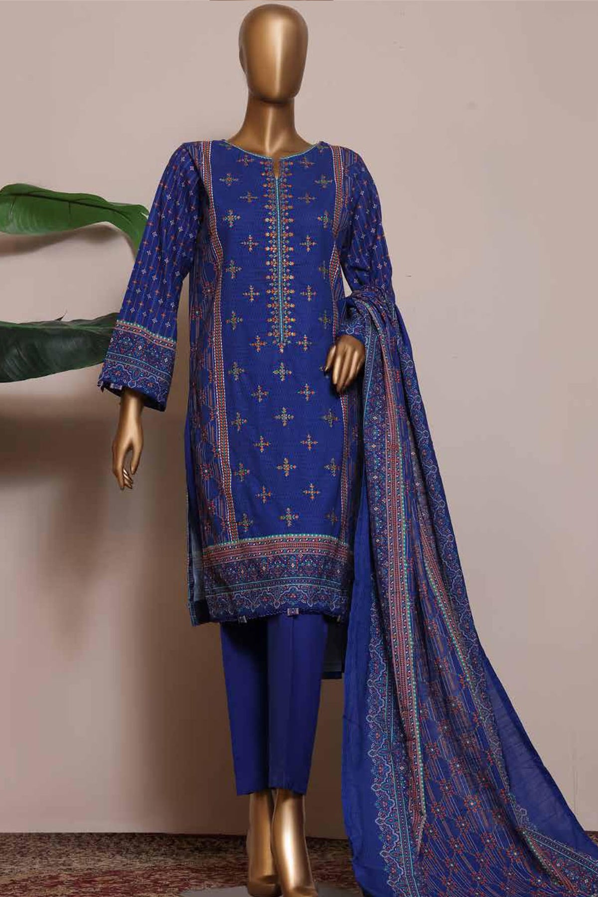 Bin Saeed Stitched 3 Piece Embroidered Khaddar Collection'2022-KF-03-Blue