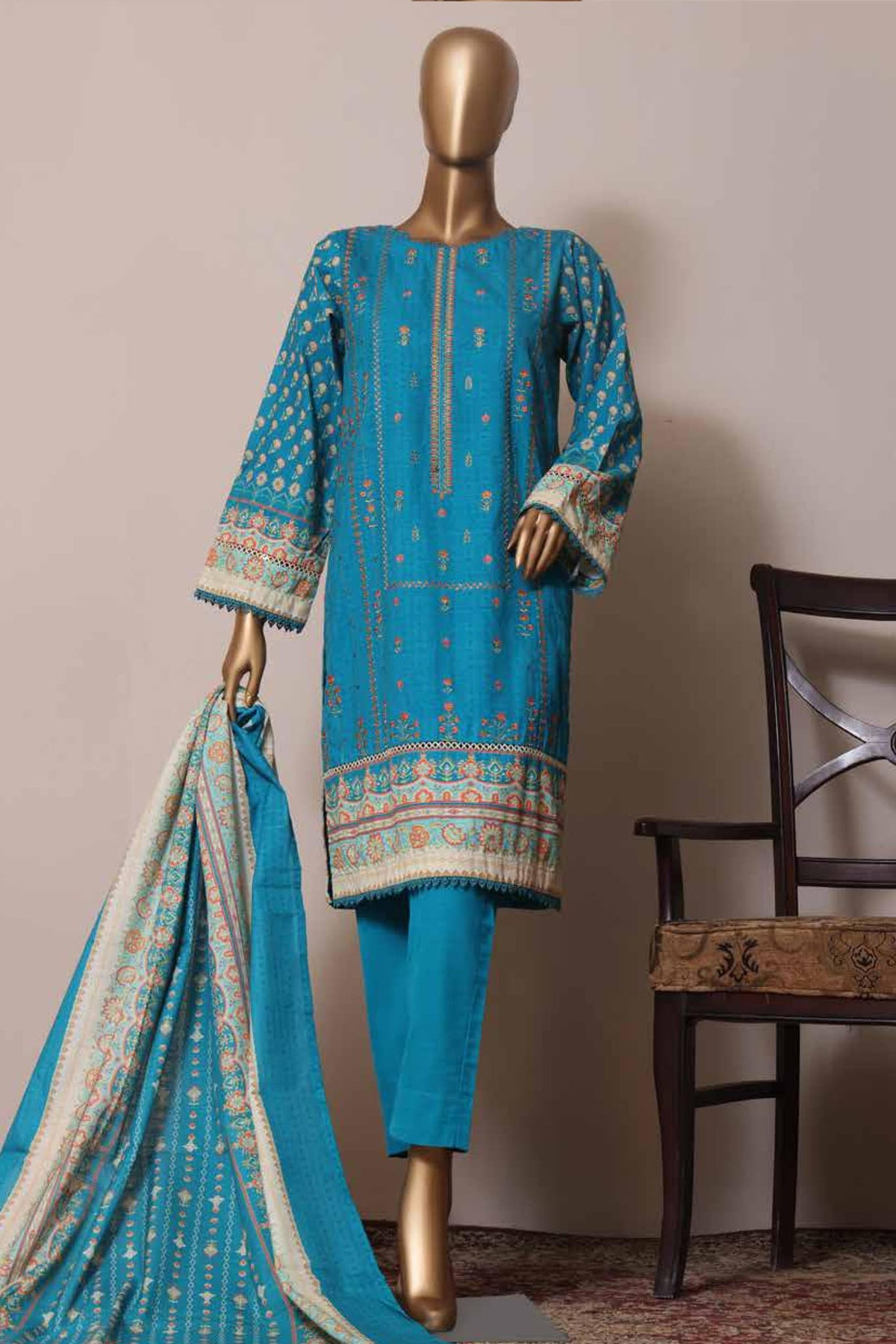 Bin Saeed Stitched 3 Piece Embroidered Khaddar Collection'2022-KF-08-Sea Green