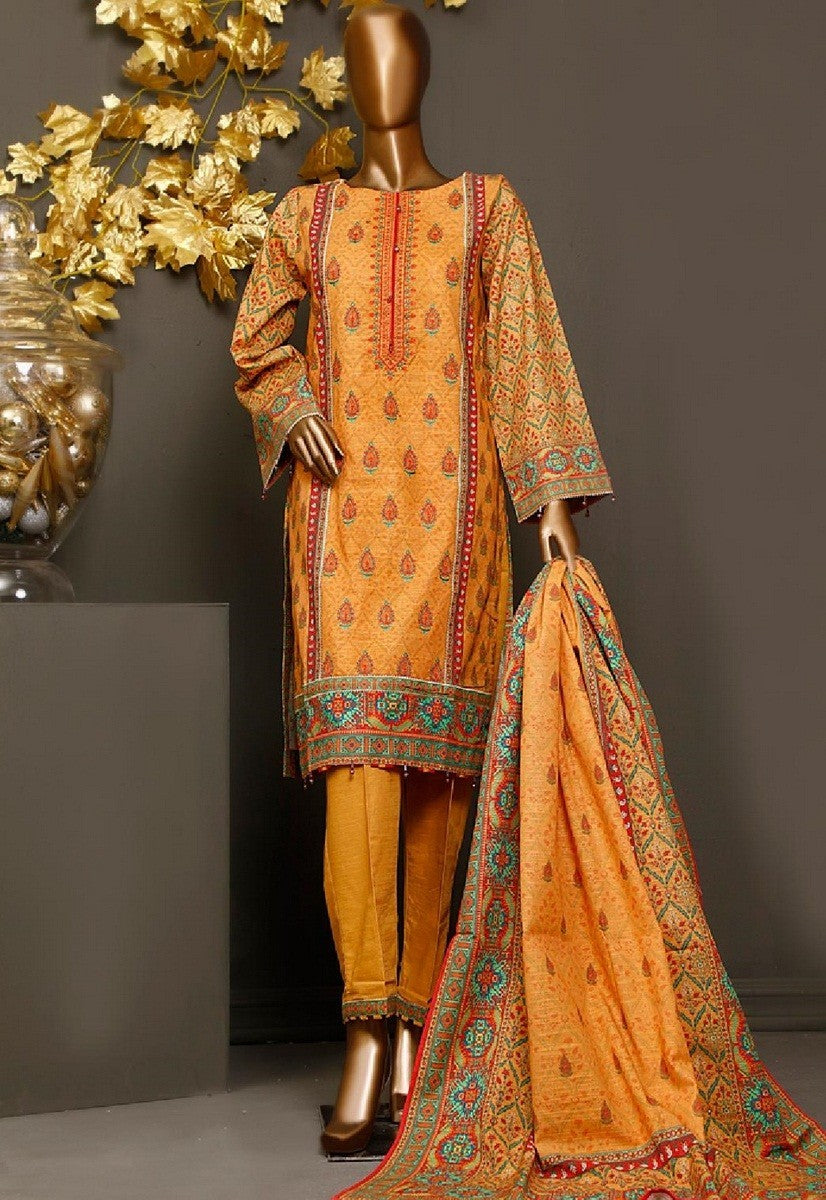 Bin Saeed Stitched 3 Piece Embroidered Khaddar Collection'2021-KH-1178-Yellow