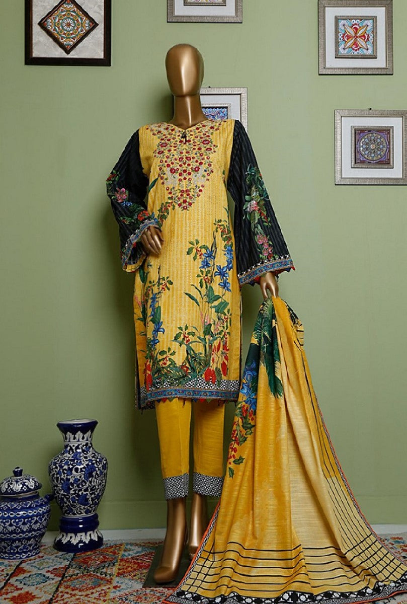 Bin Saeed Stitched 3 Piece Embroidered Khaddar Collection'2021-KH-1197-Yellow