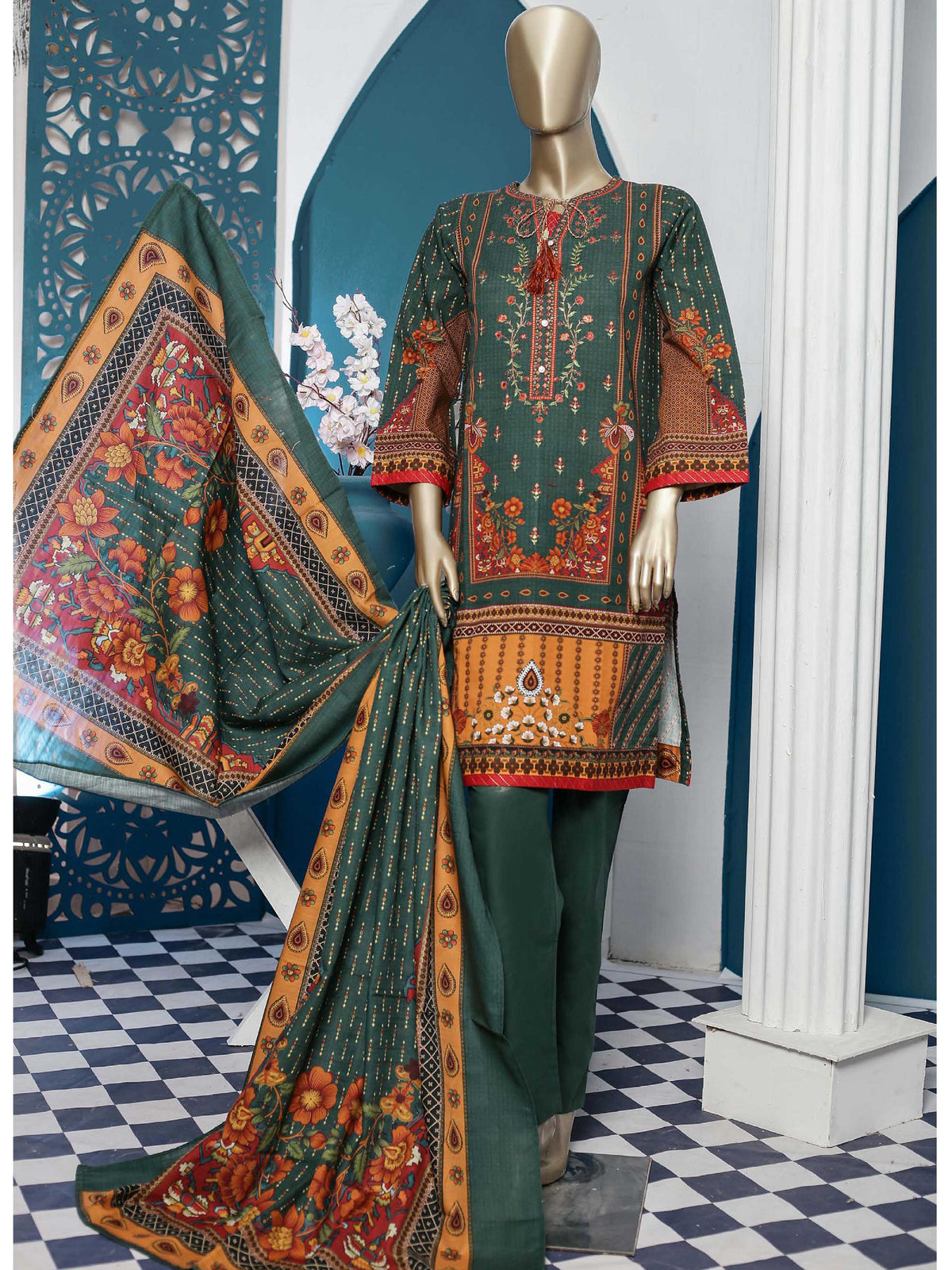 Bin Saeed Stitched 3 Piece Embroidered Khaddar Collection'2021-KH-1670-Green