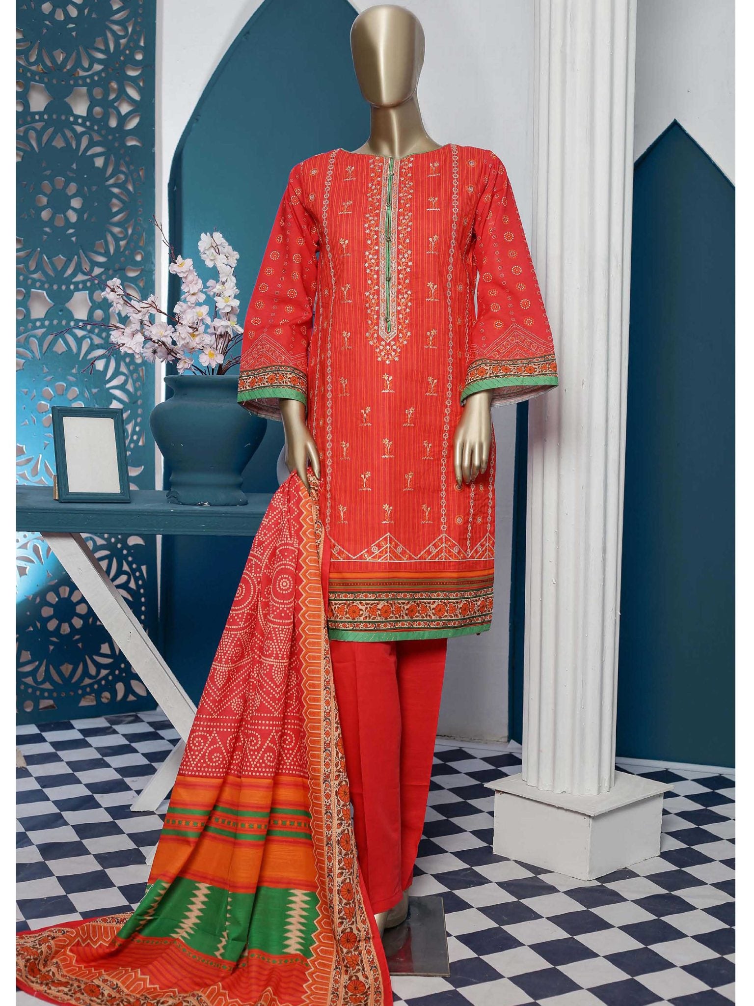 Bin Saeed Stitched 3 Piece Embroidered Khaddar Collection'2021-KH-1678-Red
