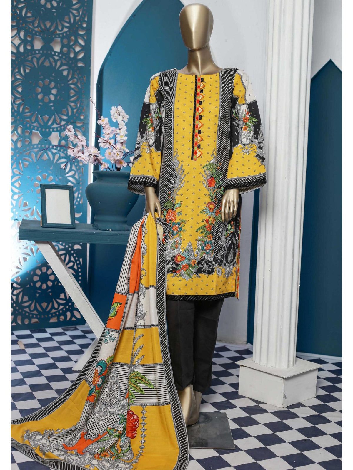Bin Saeed Stitched 3 Piece Printed Khaddar Collection'2021-KH-1705-Yellow