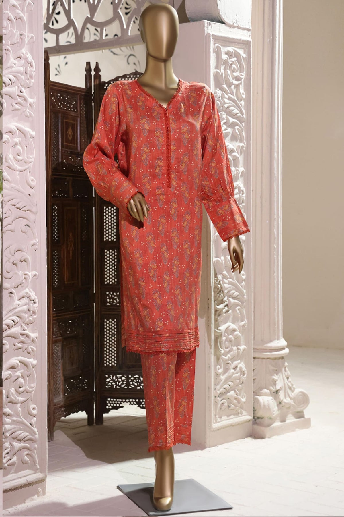 Bin Saeed Stitched 2 Piece Printed Linen Collection'2022-LIN-5874-Red