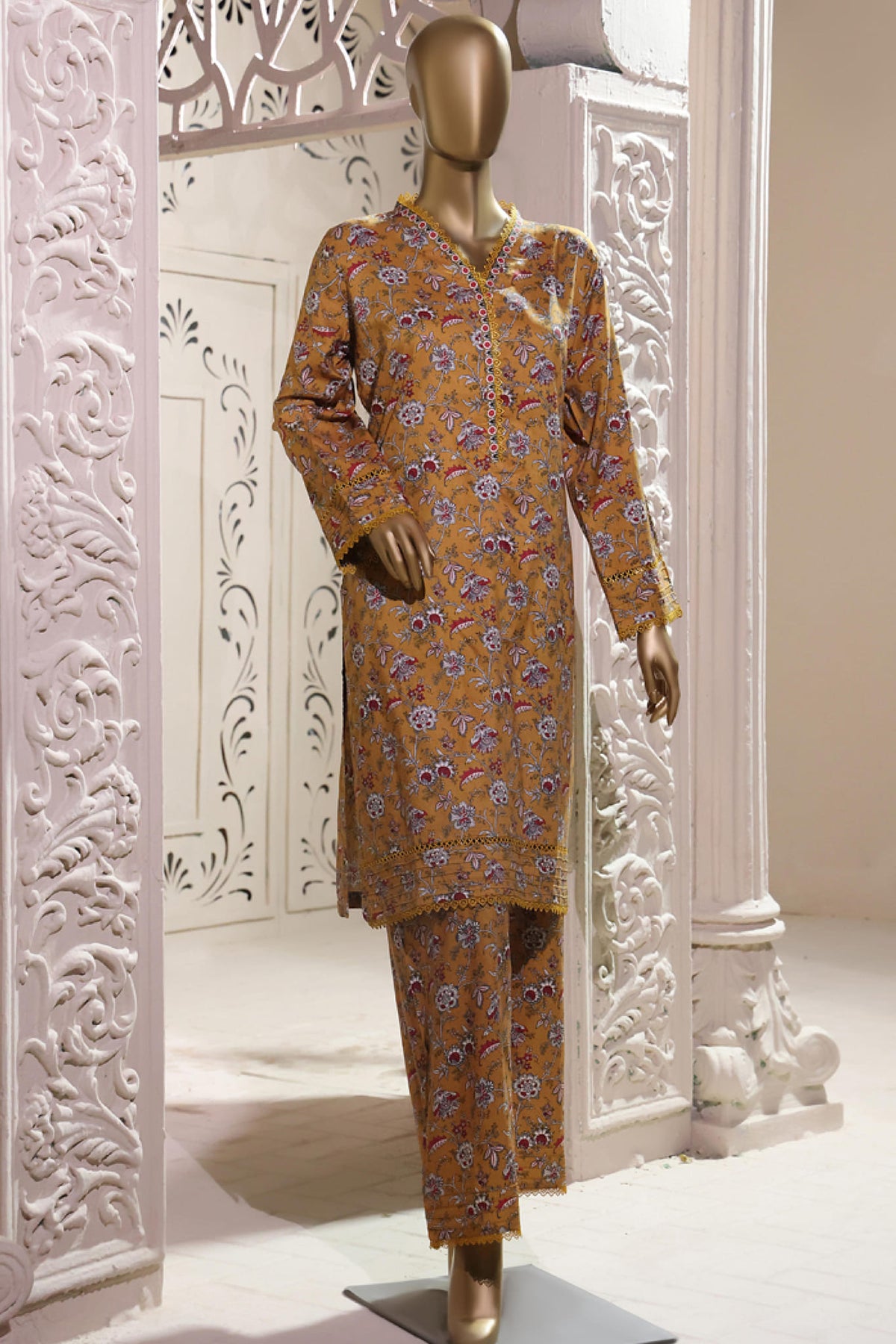Bin Saeed Stitched 2 Piece Printed Linen Collection'2022-LIN-5886-Mustard