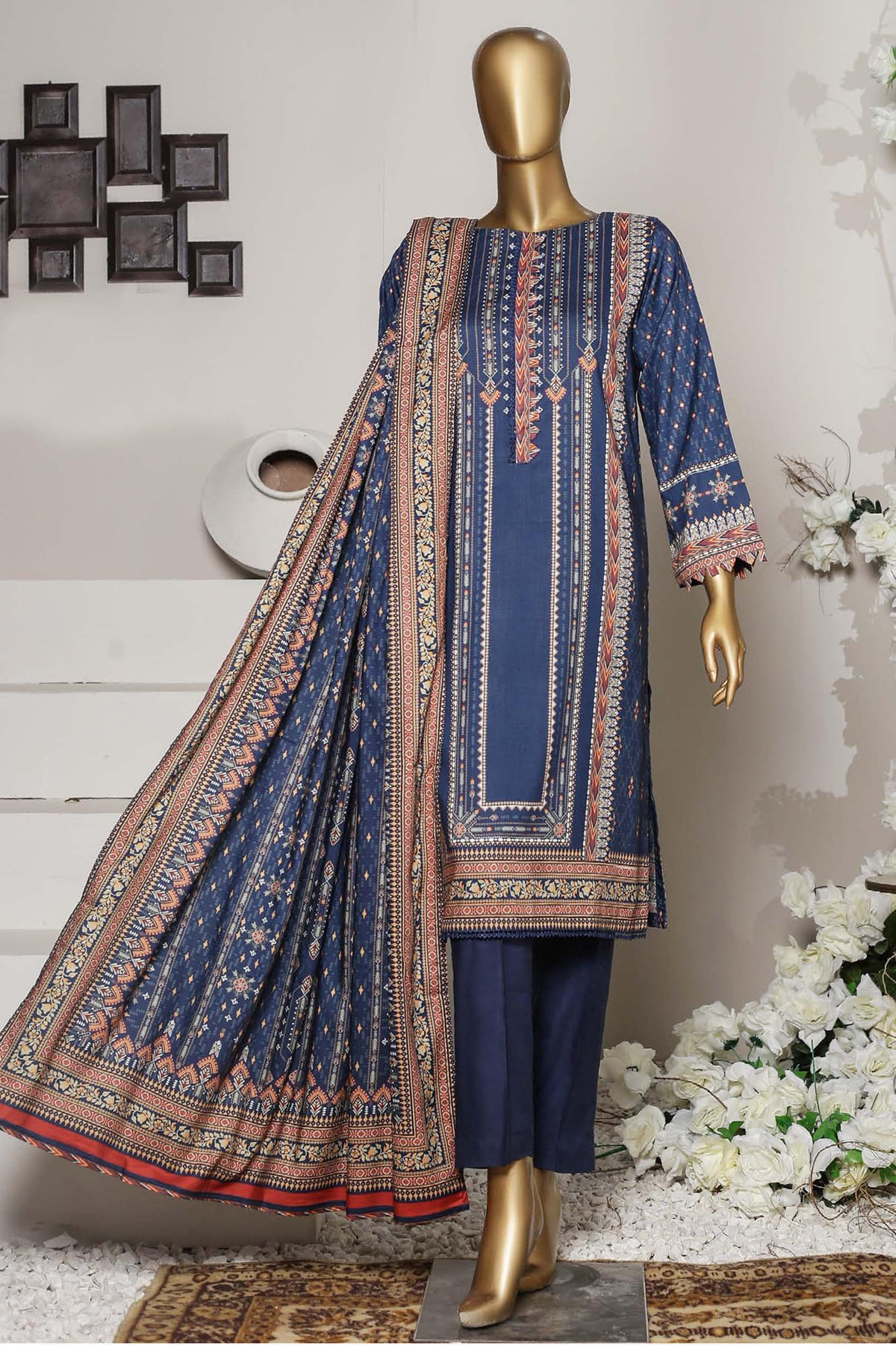 Bin Saeed Stitched 3 Piece Printed Linen Collection'2022-LI-5076-Blue