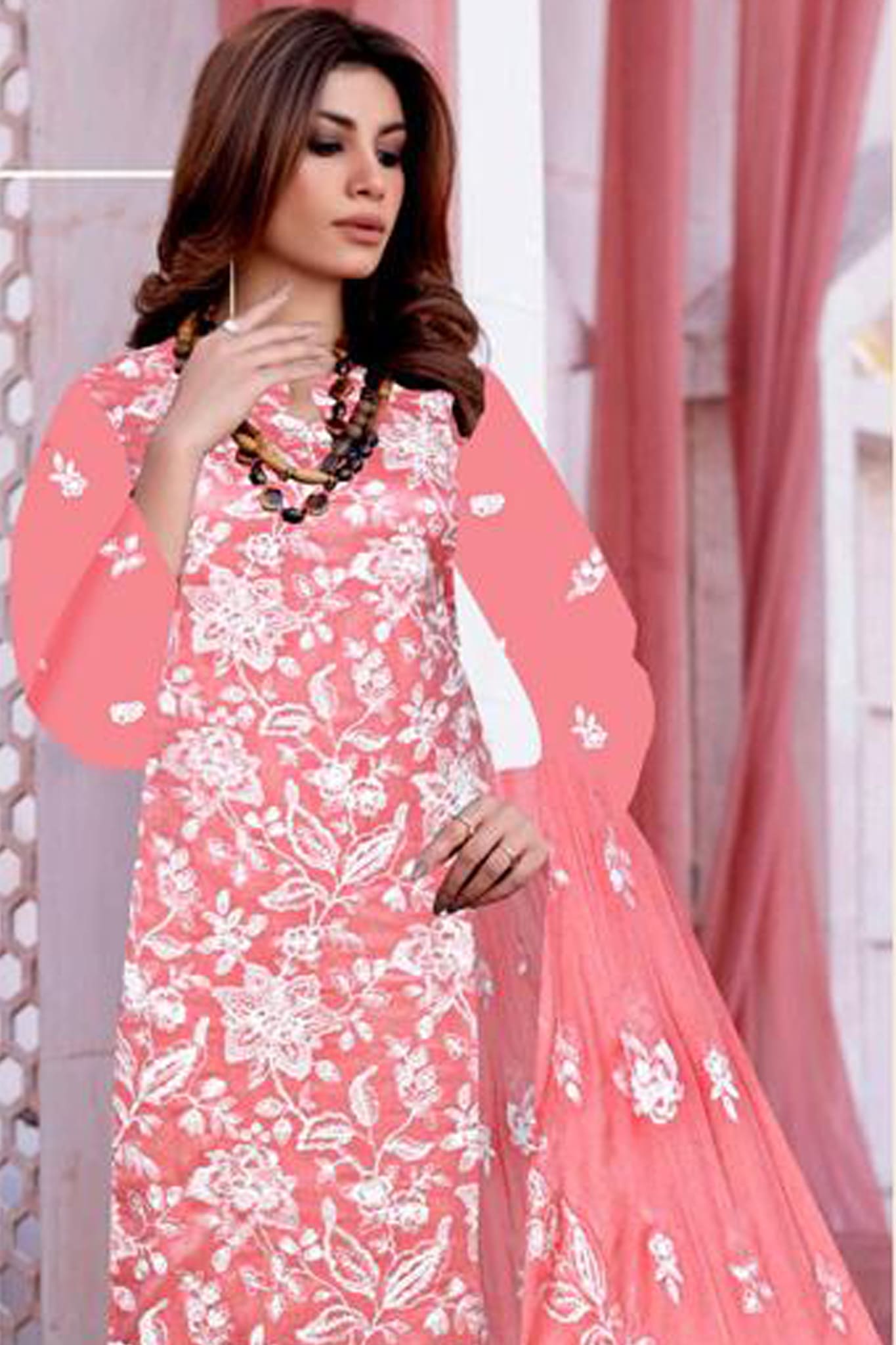 Marjjan Unstitched 3 Piece Matte Sequence & Resham Collection'2023-MNC-128-Peach