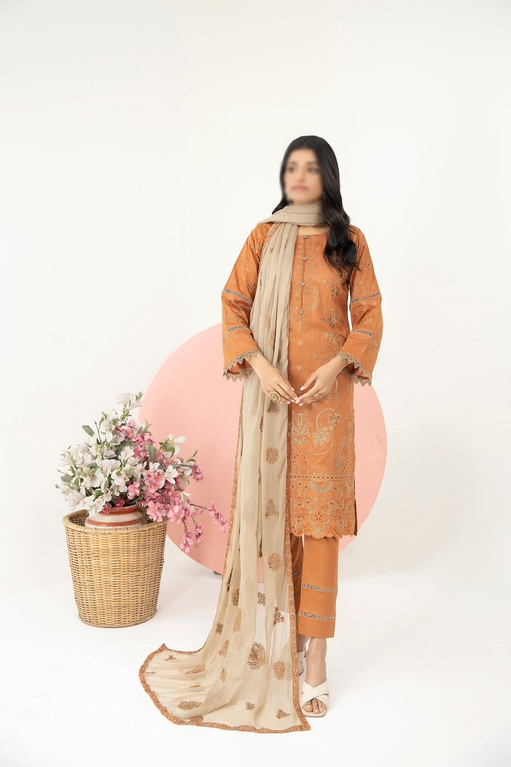 Marjjan Unstitched 3 Piece Exclusive Emb Slub Lawn Collection'2023-MNC-135-Peach