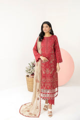 Marjjan Unstitched 3 Piece Exclusive Emb Slub Lawn Collection'2023-MNC-135-Red