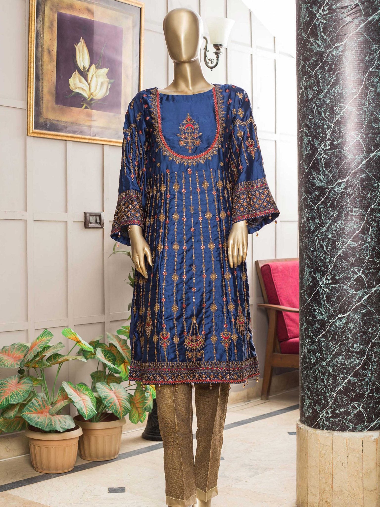 Bin Saeed Stitched Embroidered Silk Frock Collection'2021-MSS-4013-Blue