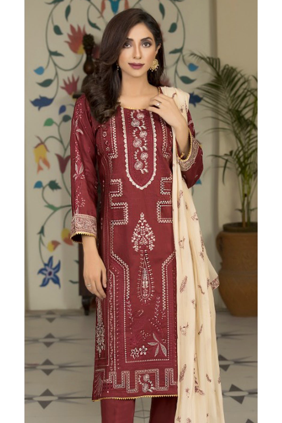 Marjjan Unstitched 3 Piece Embroidered Viscose Collection'2022-MV-258-Maroon