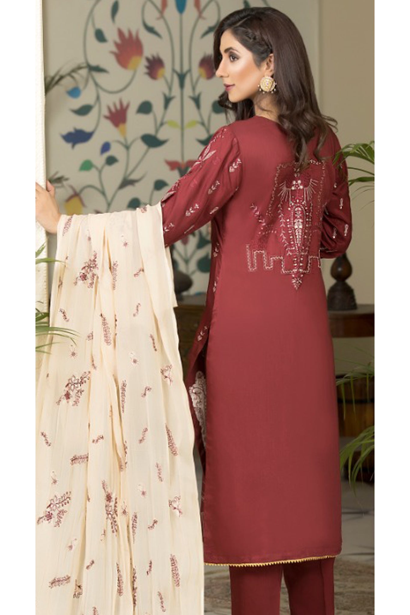 Marjjan Unstitched 3 Piece Embroidered Viscose Collection'2022-MV-258-Maroon