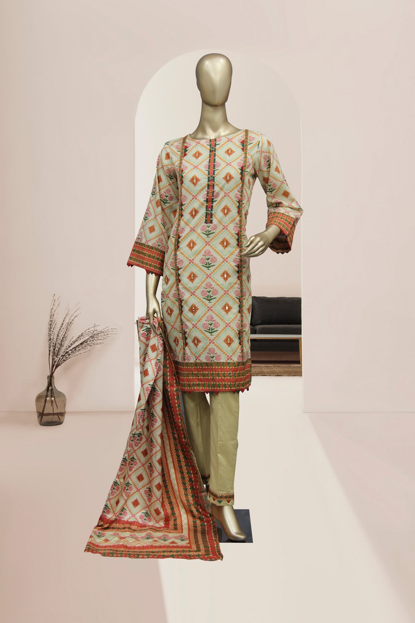 Bin Saeed 3 Piece Stitched Printed Lawn Collection’2021-N-1120-Off White