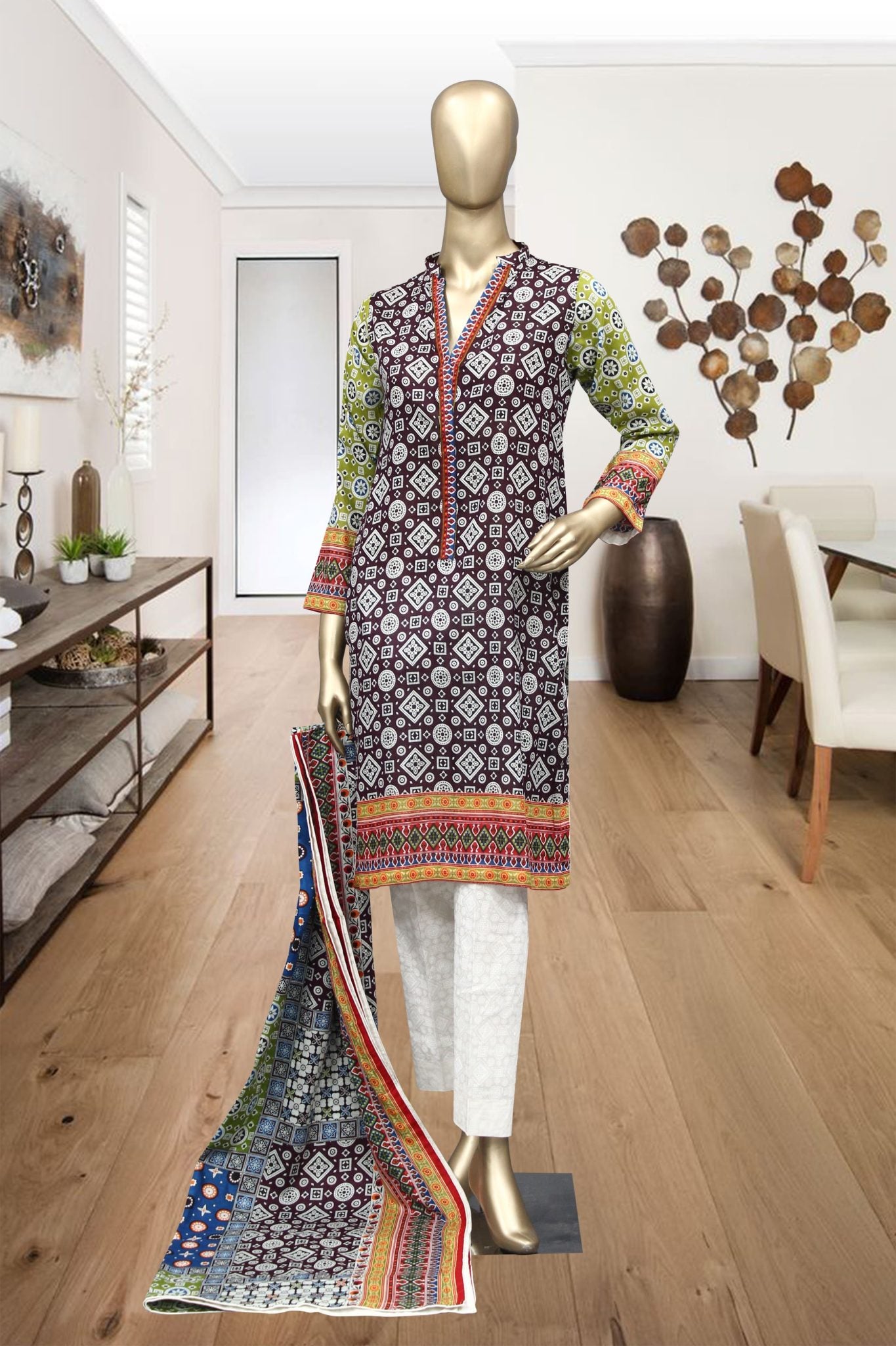 Shomi 3 piece Stitched Digital Printed Lawn Collection'2021-RBS-01-Maroon