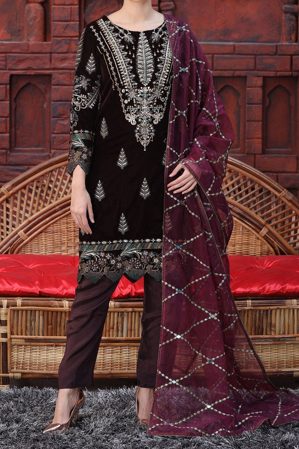 Rafia Stitched 3 Piece Embroidered Velvet Shirts Collection'2021-RK-1177-Brown