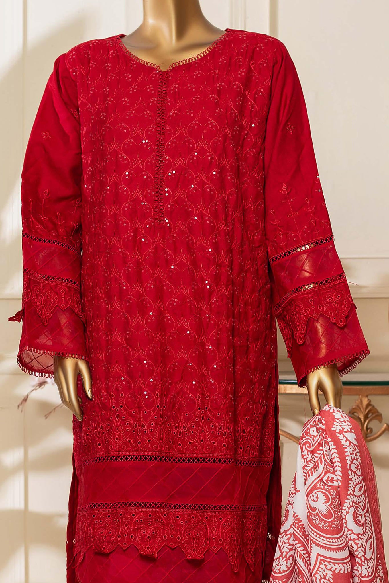 Bin Saeed Stitched 3 Piece Dhanak Winter Shawl Vol-03 Collection'2022-SM-010-Red