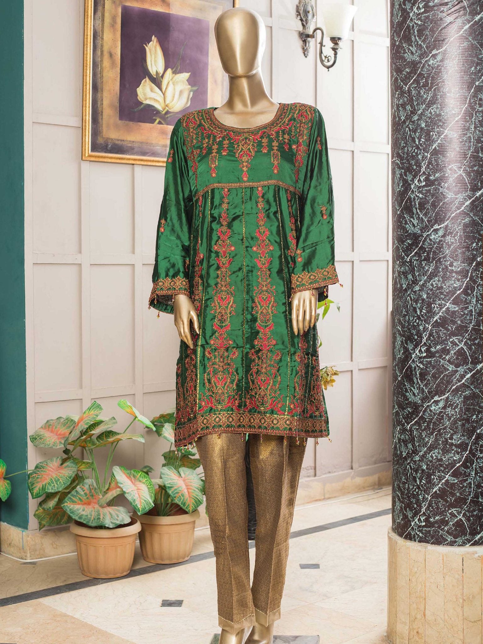 Bin Saeed Stitched Embroidered Silk Frock Collection'2021-SPFS-2017-Green