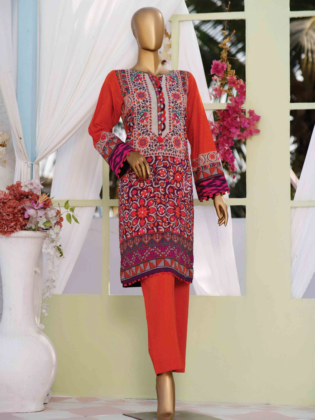 Sada Bahar Stitched Festive Printed Lawn Kurti Collection'2021-ST-11802-Red