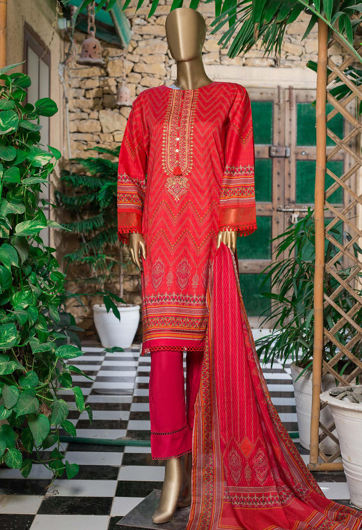 Sada Bahar Stitched 3 Piece Embroidered Lawn Vol-01 Collection'2022-ST-13451-Red