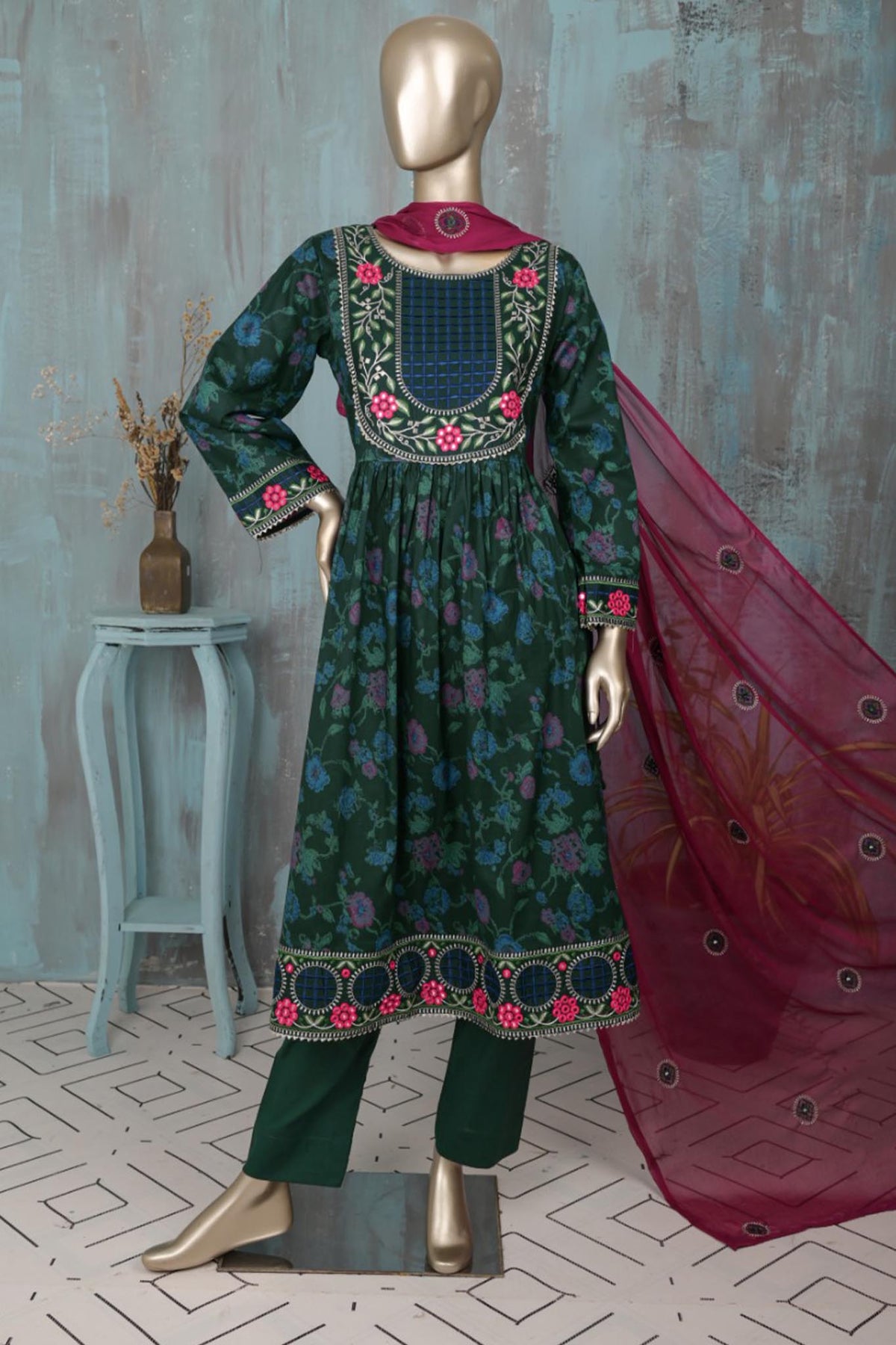 Shomi Stitched 3 Piece Waves Pret Embroidered Lawn Collection'2022-WE-01-Green