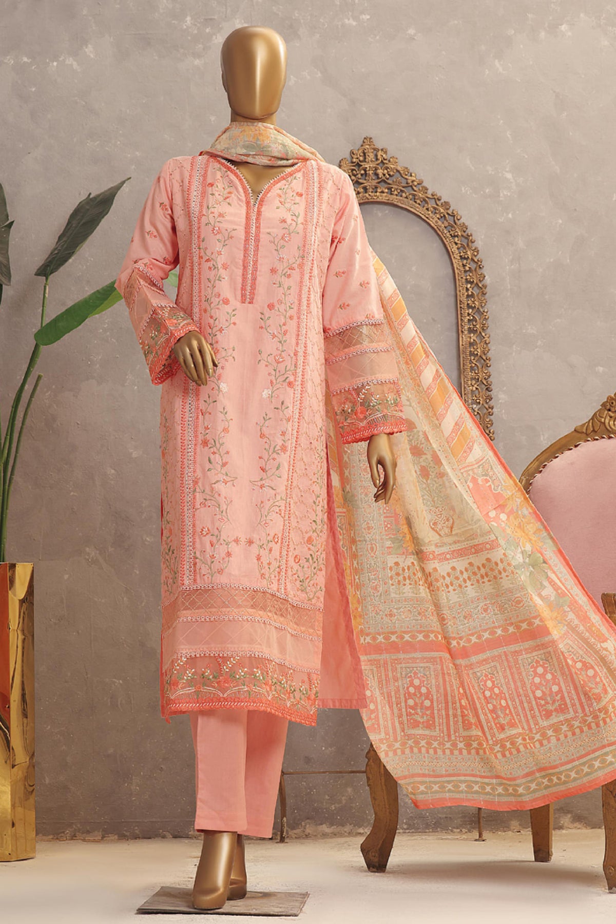 Bin Saeed Stitched 3 Piece Embroidered Chikankari Festive Collection'2022-ZW-019-Pink