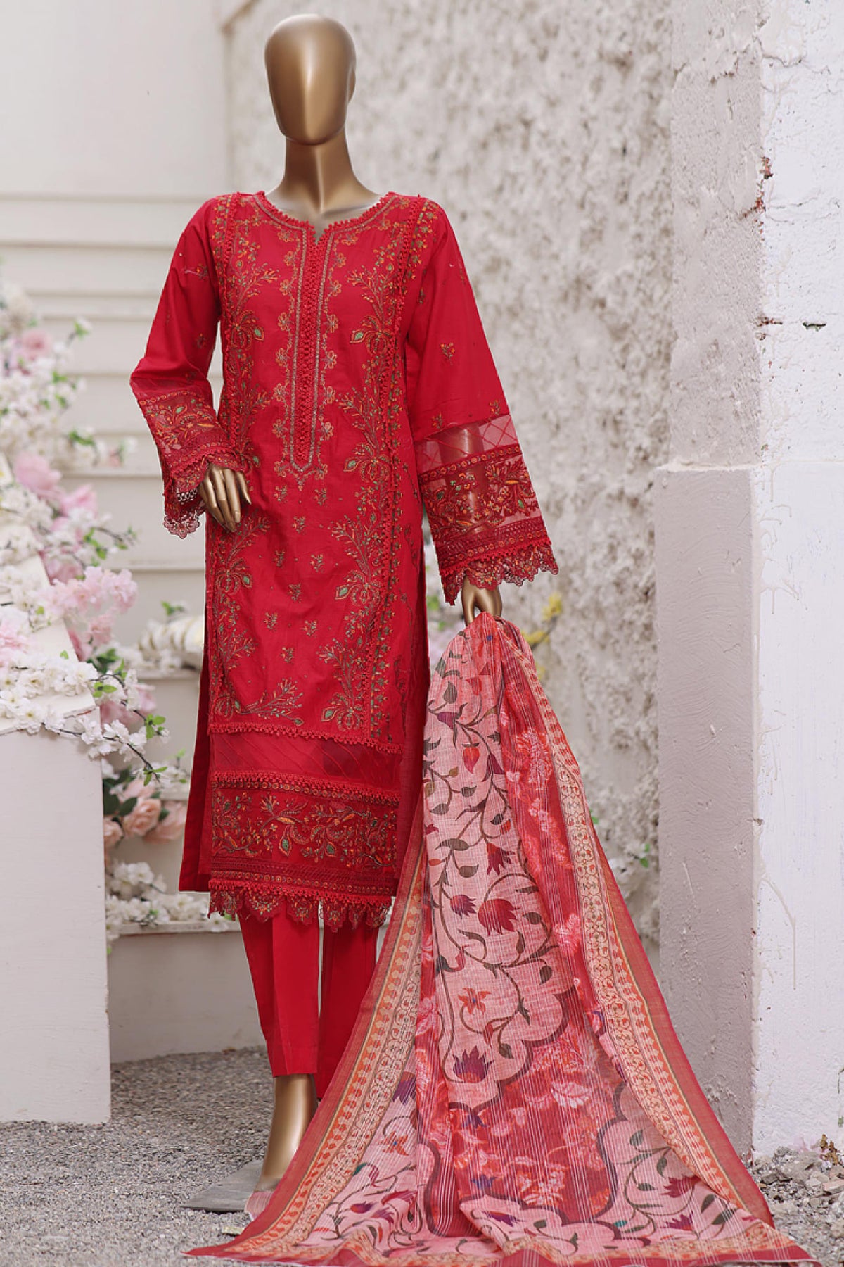 Bin Saeed Stitched 3 Piece Embroidered Chikankari Festive Collection'2022-ZW-07-Red